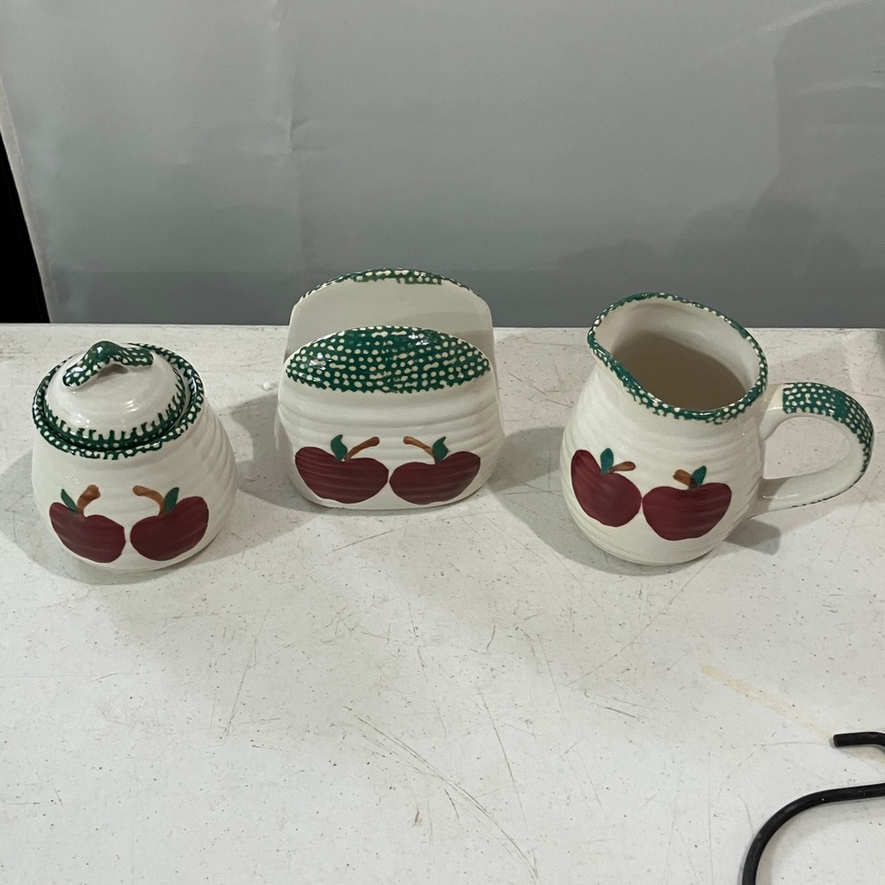 Alco Stoneware Creamer & Sugar, "Apple Garden", (red apple, green sponge edge)